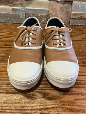Celine Tan and White Leather Low-Top Sneakers